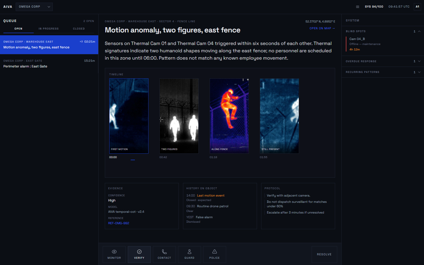 AIVA dashboard with event queue, open dossier, and system status panel