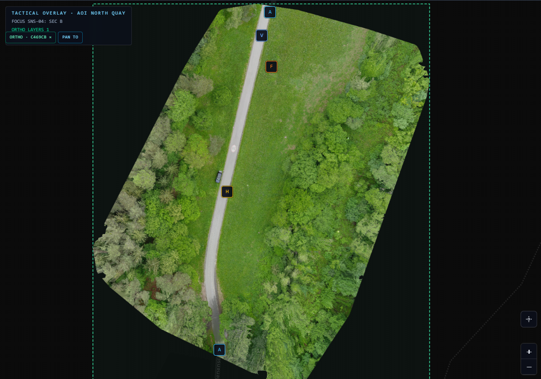 Orthorectified map with vehicle, obstruction, and hazard markers
